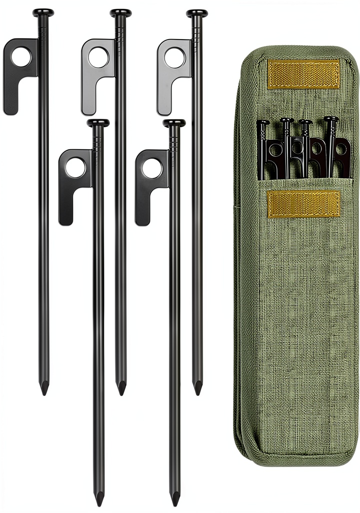 Installing 8/16/32 Pack 8in Heavy Duty Forged Steel Tent Stakes, with Storage Bag, for Camping on a wooden desk