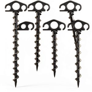 Tent Stakes Ground Anchors 6 Pack Black Spiral 9.4 Inch Heavy Duty-0