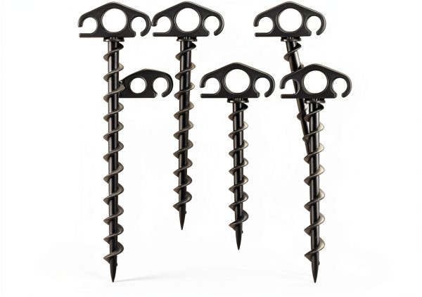 Tent Stakes Ground Anchors 6 Pack Black Spiral 9.4 Inch Heavy Duty-0